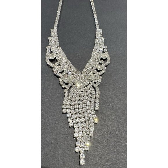Crystal Fringe Necklace Rhinestone Waterfall Statement Choker Costume Jewelry - Picture 9 of 9